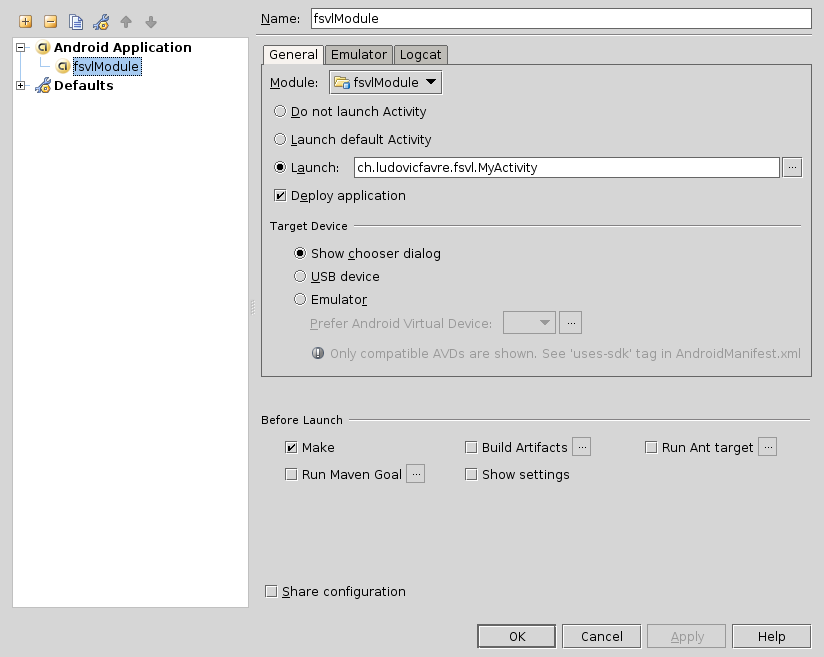 Configuration lancement Android intelliJ