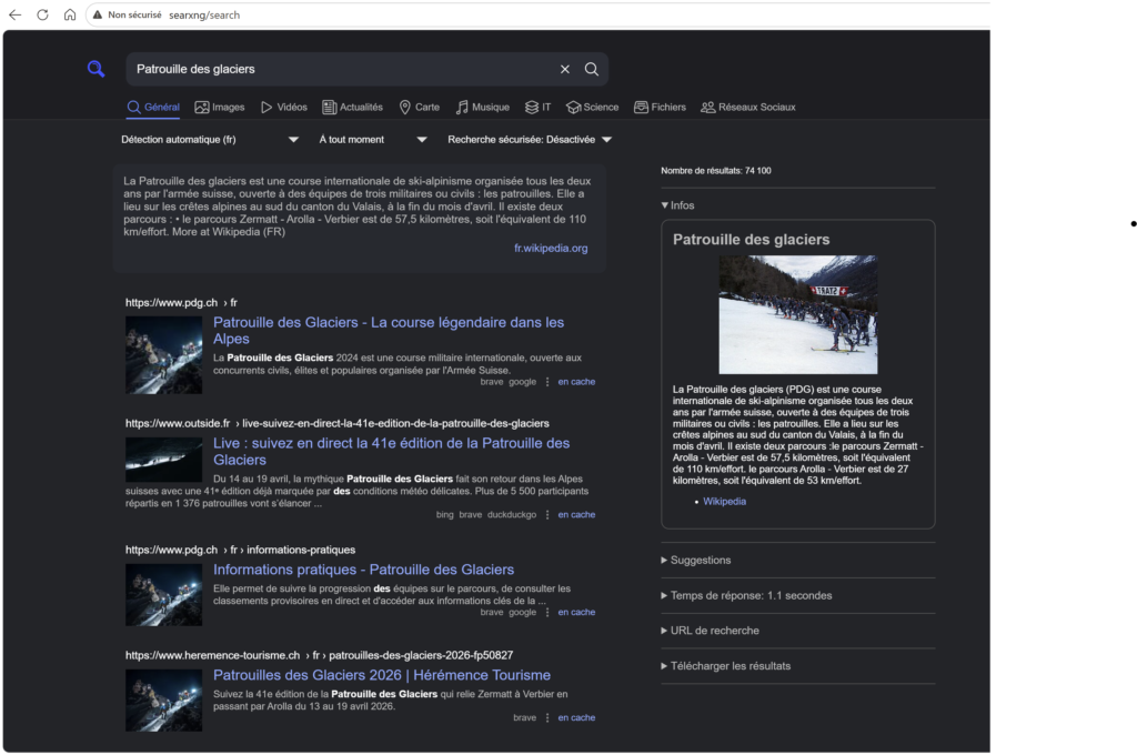 Une recherche sur SearXNG installé sur docker (réseau local)